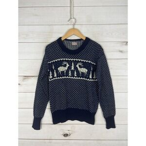Vintage Debonair Sweater Mens Medium Blue Wool Reindeer Ski Nordic 60s